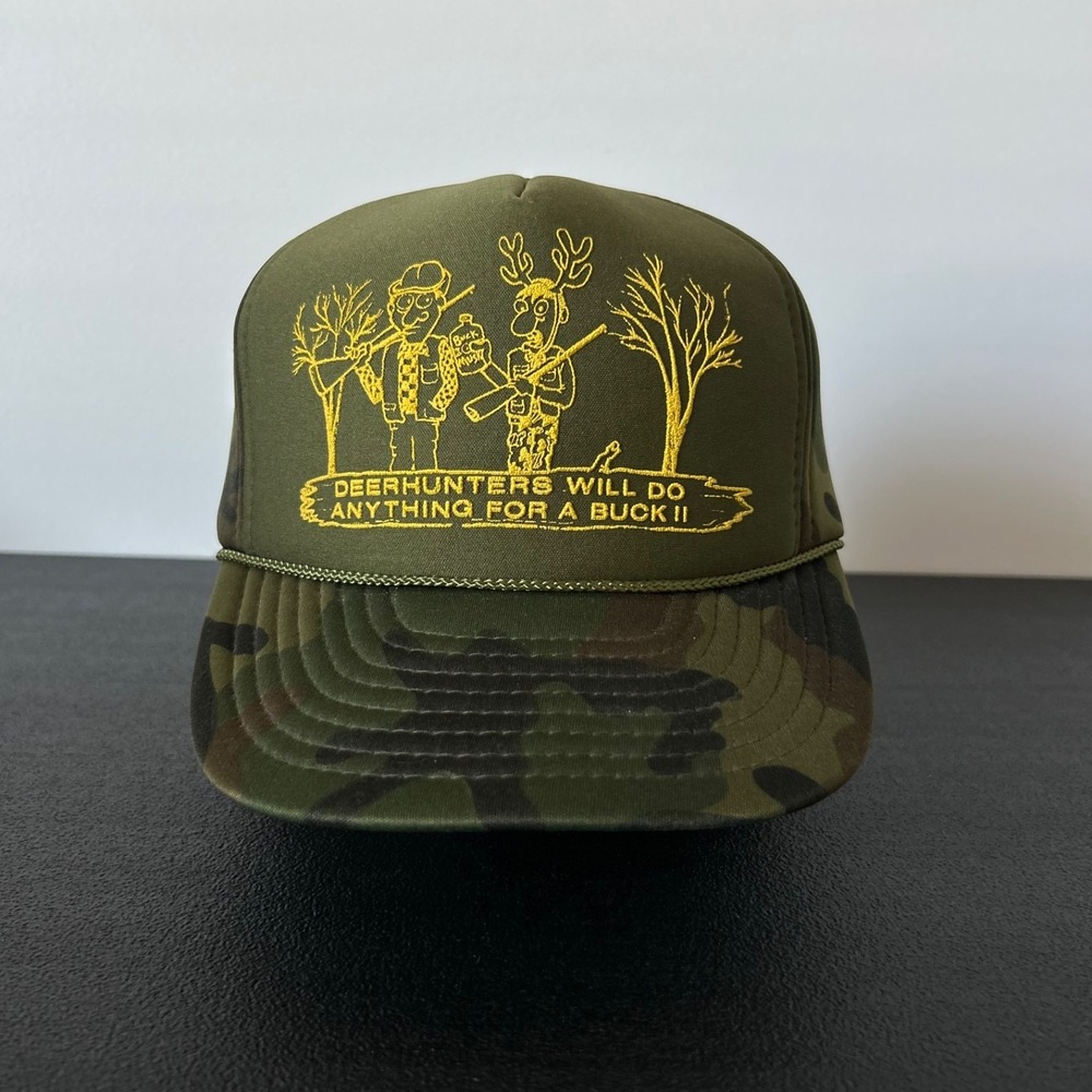 Vintage 90s Deer Hunter Trucker Hat Cap Snap Back Adjustable Green Funny Parody